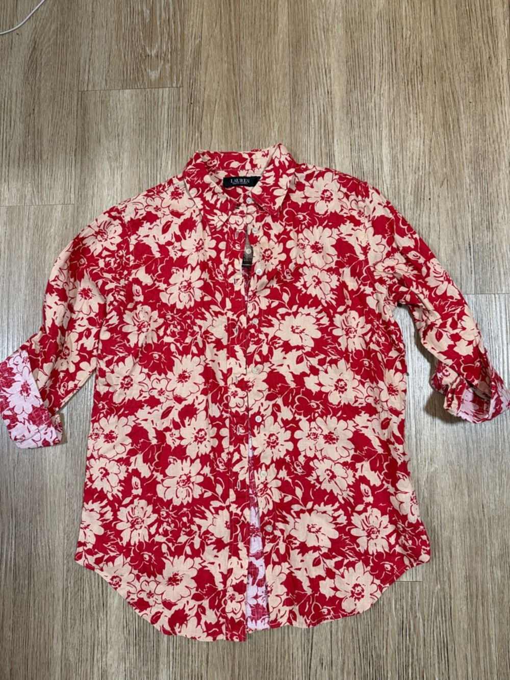 New Lauren Ralph Lauren Red & Cream Floral Button-Up Shirt L